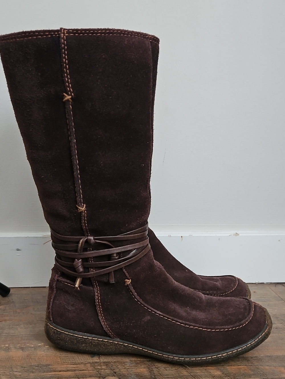 Timberland Women's Tall Boots Suede Leather Brown with Wrap Detail